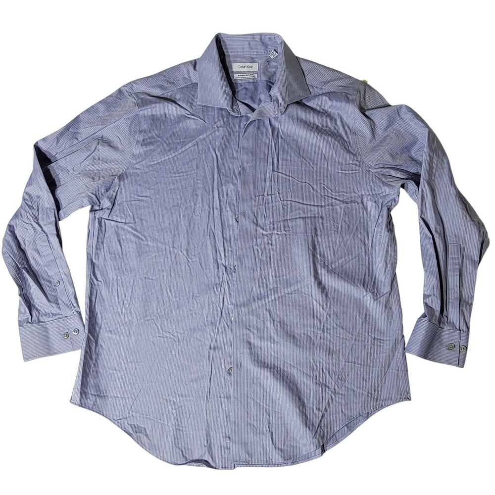 Calvin Klein Mens Infinite Non-Iron Slim Fit Dress Shirt Purple Stripe 32/33 L